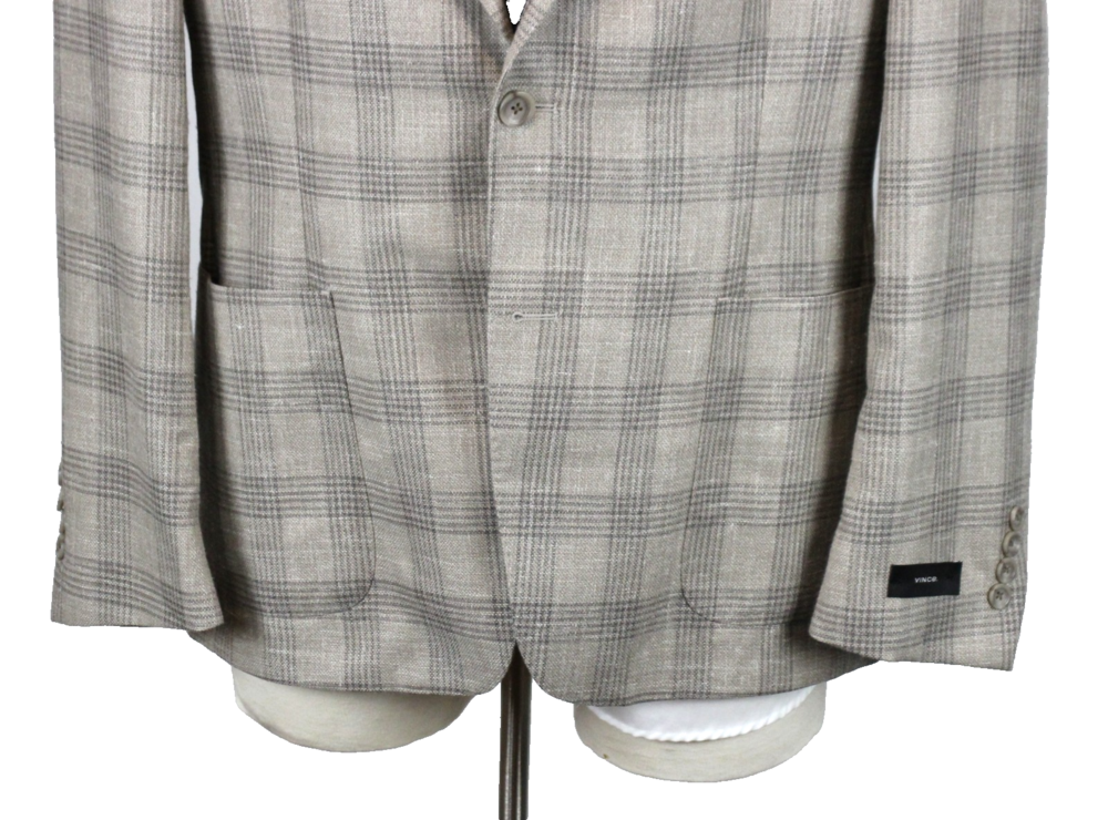 Vince Sport Coat 42 R Mens Tan Plaid Unstructured Wool Silk Linen Slim Blazer - Picture 4 of 13